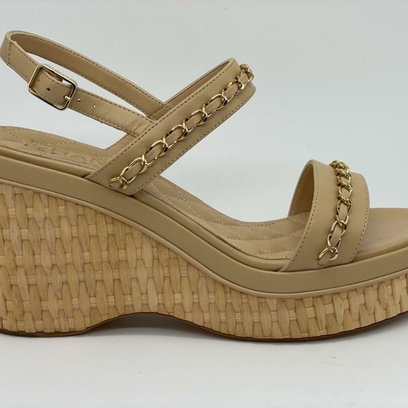 CHANEL, Shoes, Chanel 2s Nudebeige Lambskin Clear Gold Cc Mule Wedge  Sandals